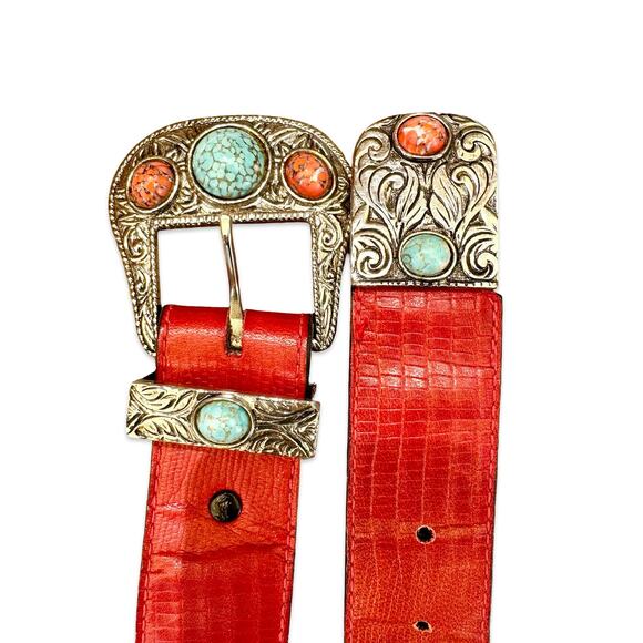 Navajo Rodeo Southwestern Reptile Skin Earth Stone Engraved Cowboy Concho Belt main image 11